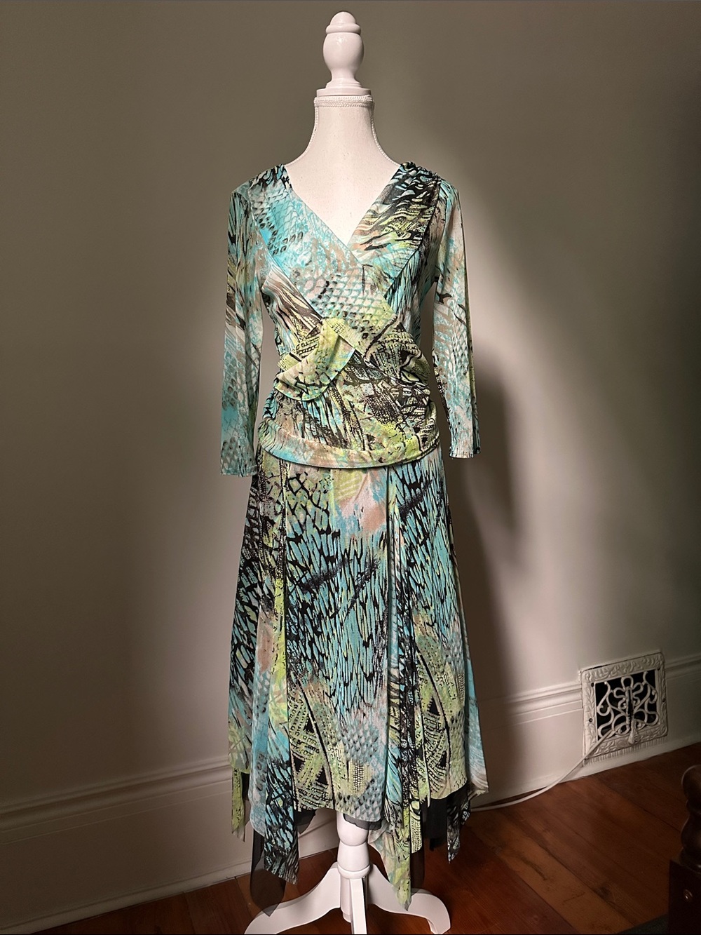 FRANK LYMAN Y2K Mixed Animal Print Fairy Whimsical Mesh Skirt Blouse Set Small